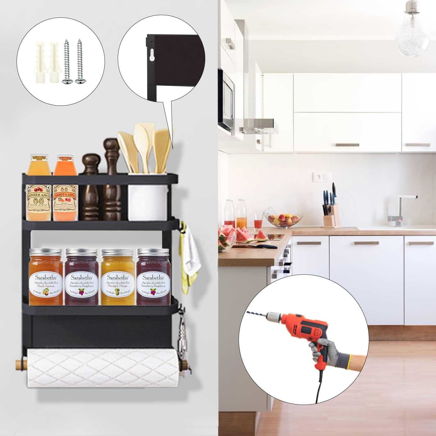 Magnetic Spice Rack for Fridge with Paper Towel Holder, Kitchen Organizer Shelf, Black Magnetic Storage Rack