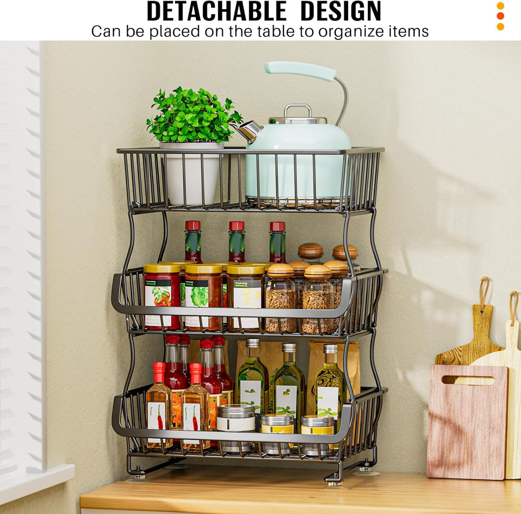 3 Tier Rolling Pantry Organizer Cart with Wheels, Stackable Wire Storage Basket for Snacks, Fruit & Vegetables