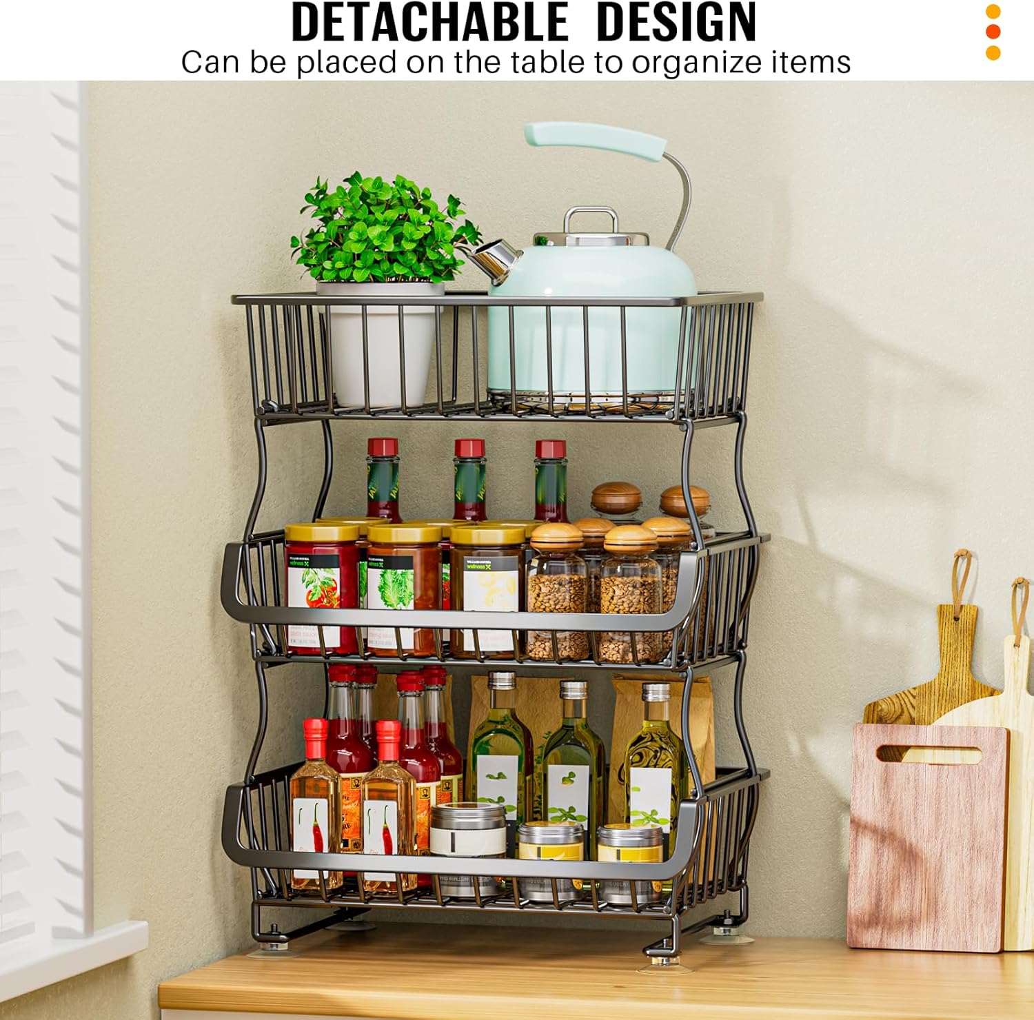 3 Tier Rolling Pantry Organizer Cart with Wheels, Stackable Wire Storage Basket for Snacks, Fruit & Vegetables