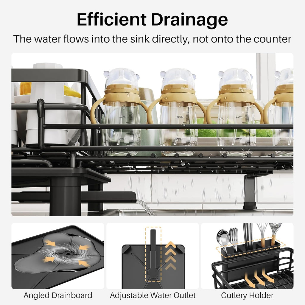Extendable Dish Drying Rack Over Sink, Stainless Steel Dish Drainer with Utensil Holder for Kitchen Counter