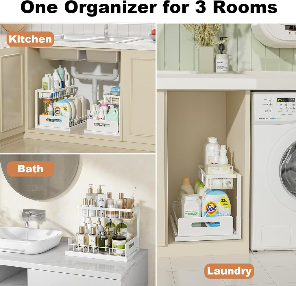 2 Tier Under Sink Organizer Pull Out Cabinet Storage Shelf for Kitchen Bathroom Sliding Drawer White