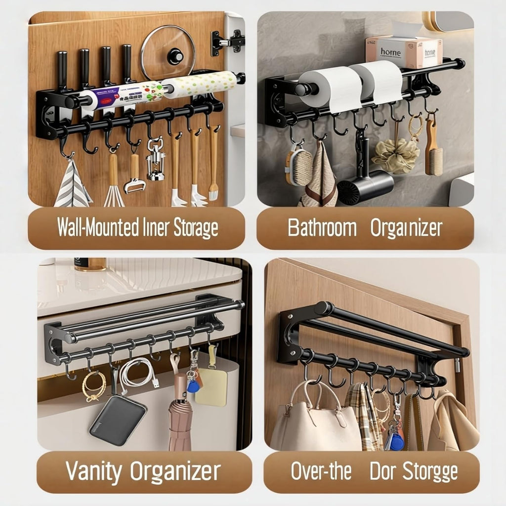 Wall Mount Organizer Rack with Pot Lid Holder, Knife Rack, Towel Bar & Hooks | Stainless Steel Kitchen Storage