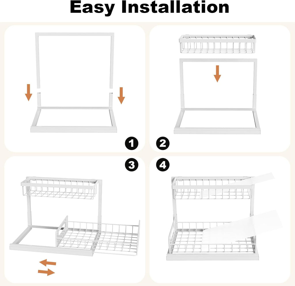 2 Tier Under Sink Organizer Pull Out Cabinet Storage Shelf for Kitchen Bathroom Sliding Drawer White