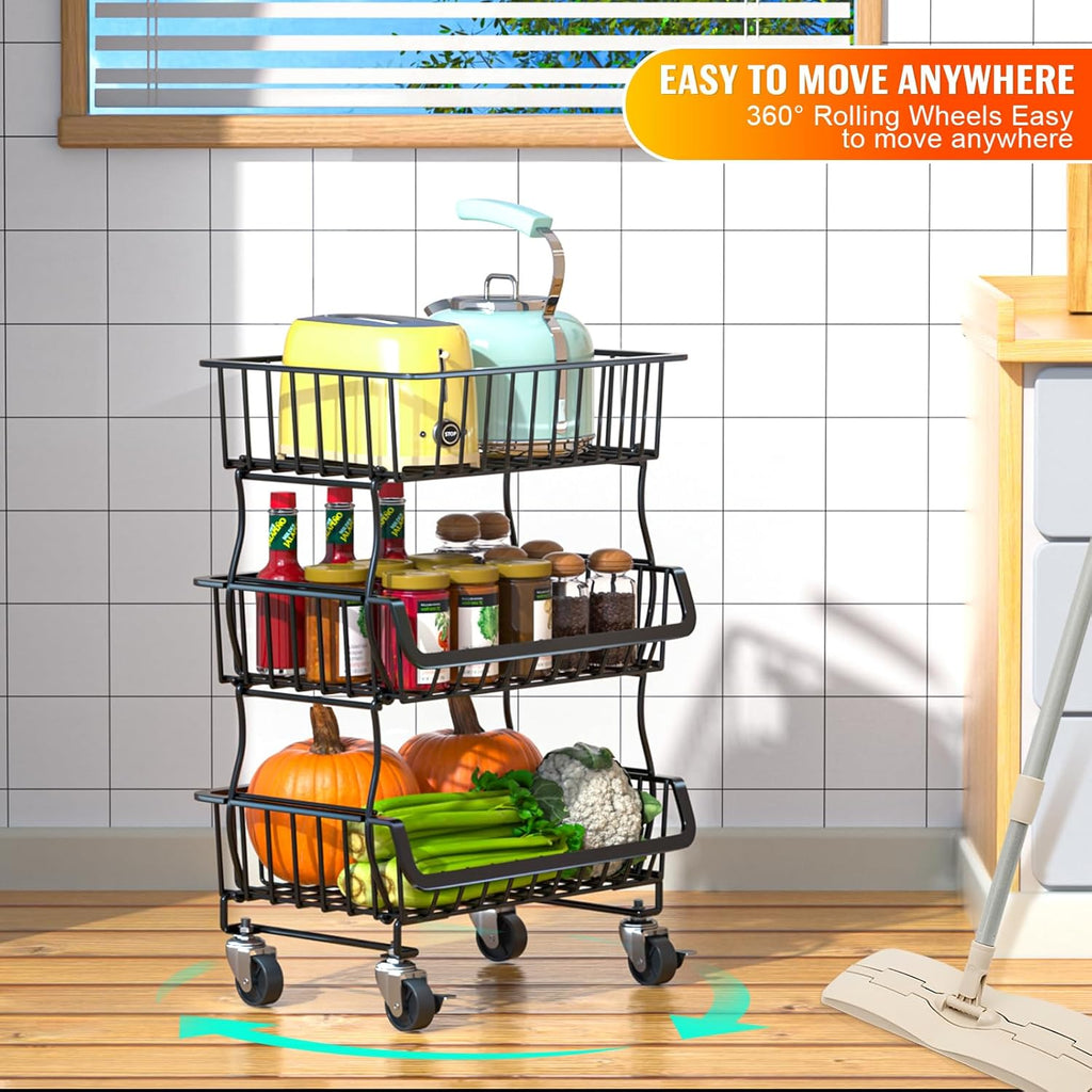 3 Tier Rolling Pantry Organizer Cart with Wheels, Stackable Wire Storage Basket for Snacks, Fruit & Vegetables