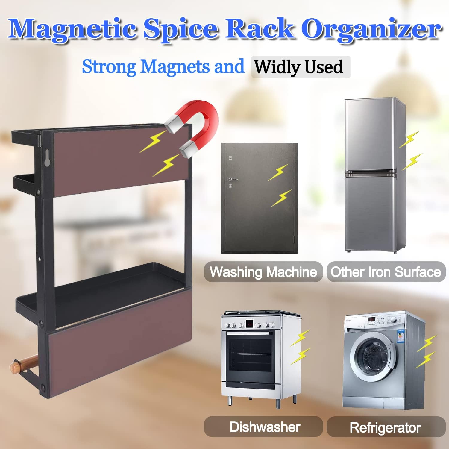 Magnetic Spice Rack for Fridge with Paper Towel Holder, Kitchen Organizer Shelf, Black Magnetic Storage Rack