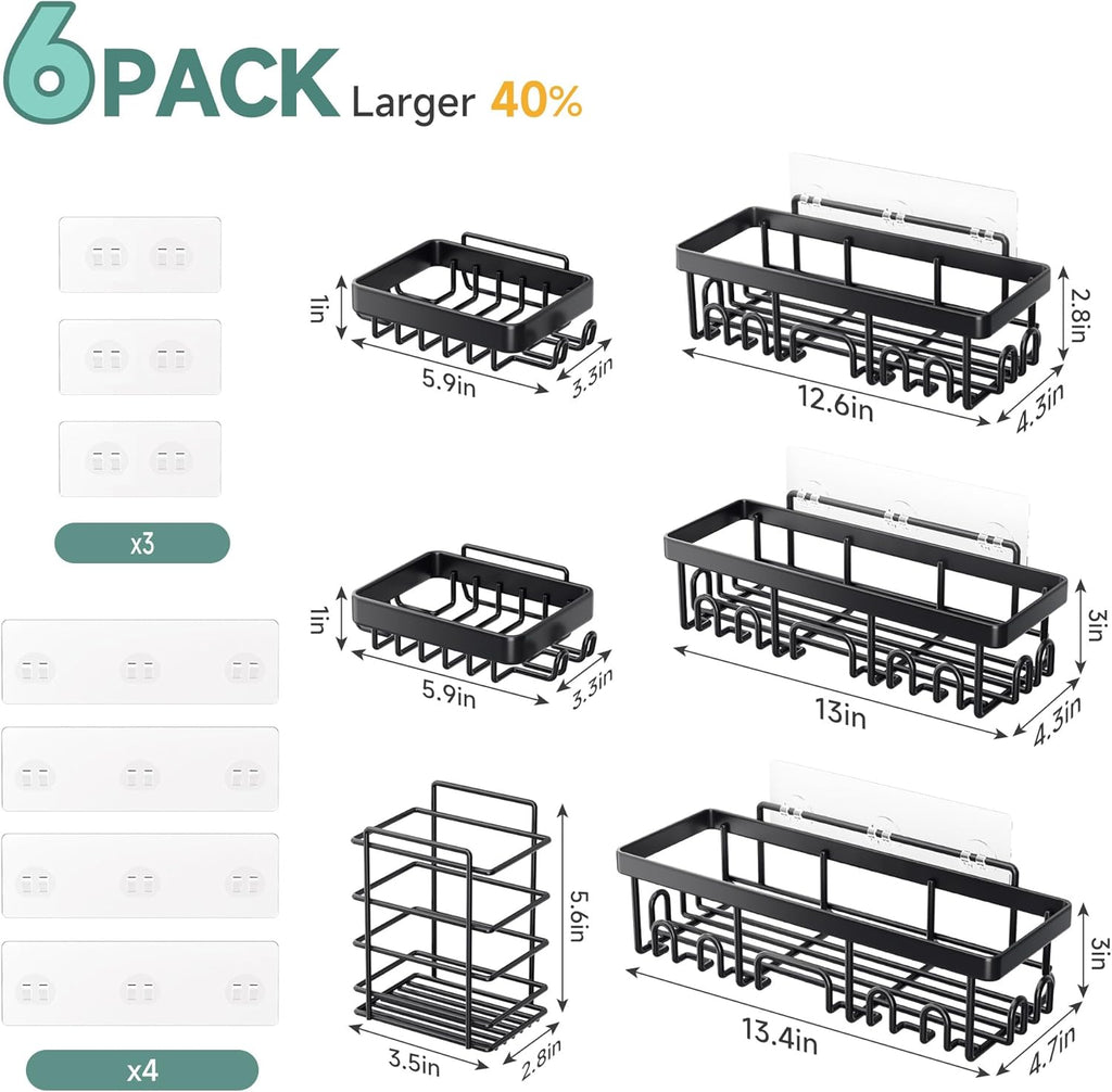 Rustproof Shower Caddy 6-Pack with Soap Holder & Toothbrush Rack | Adhesive Bathroom Wall Organizer
