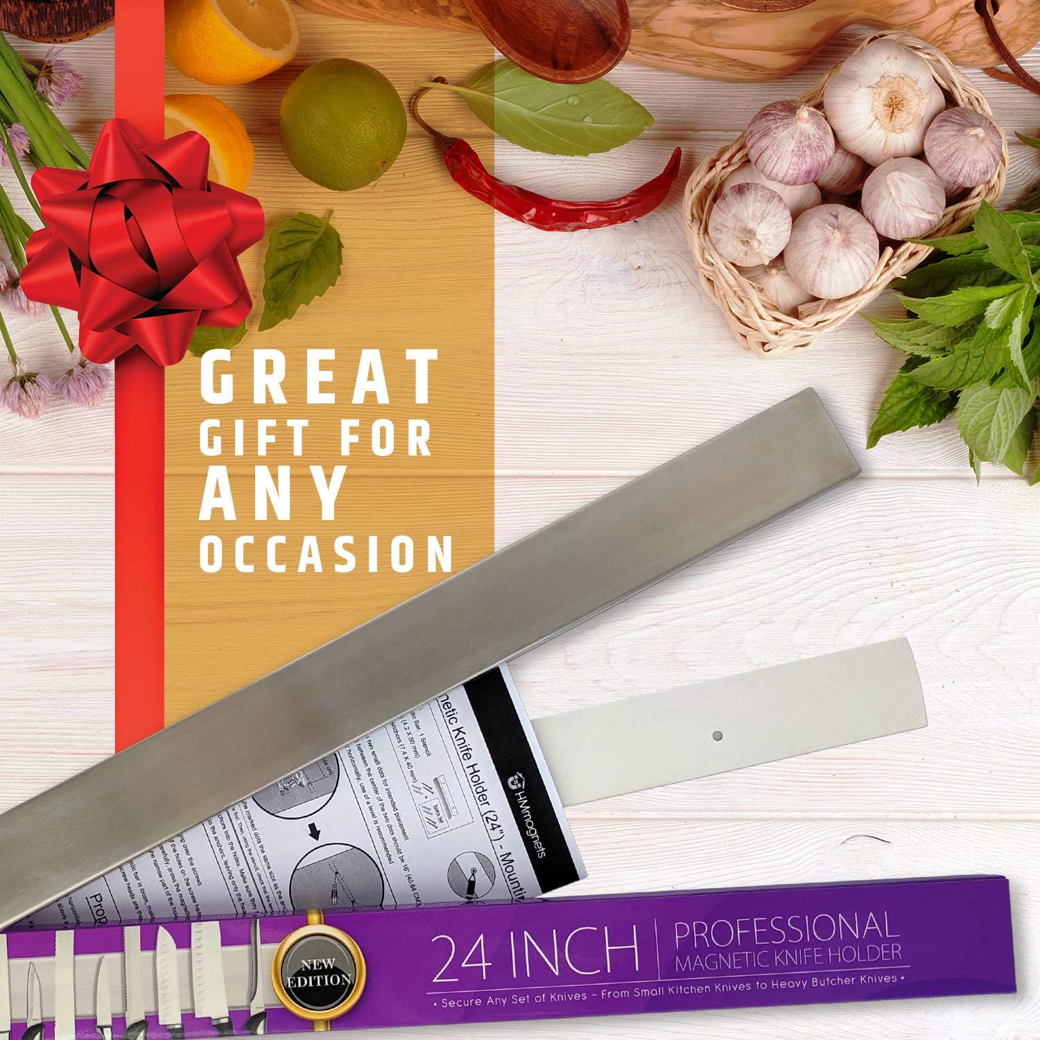 24 Inch Magnetic Knife Holder for Wall, Stainless Steel Knife Strip Rack, Space Saving Kitchen Storage Organizer