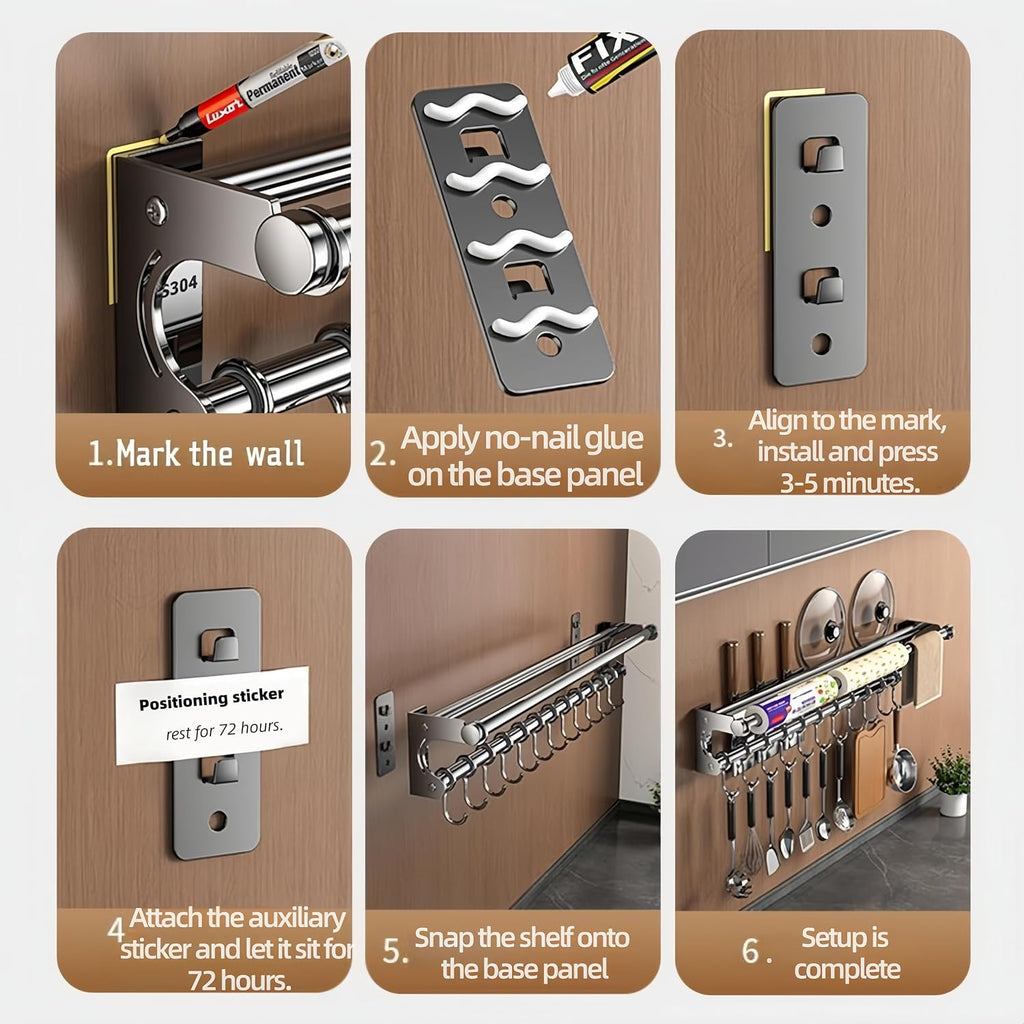 Wall Mount Organizer Rack with Pot Lid Holder, Knife Rack, Towel Bar & Hooks | Stainless Steel Kitchen Storage