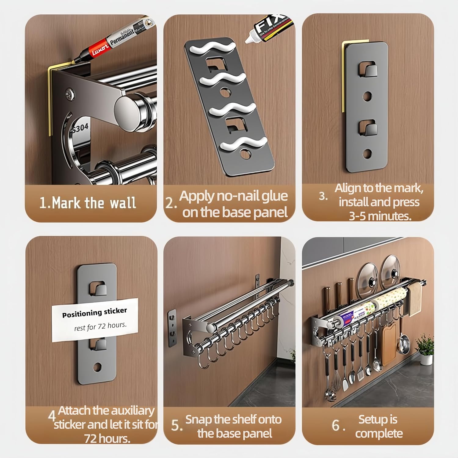 Wall Mount Organizer Rack with Pot Lid Holder, Knife Rack, Towel Bar & Hooks | Stainless Steel Kitchen Storage