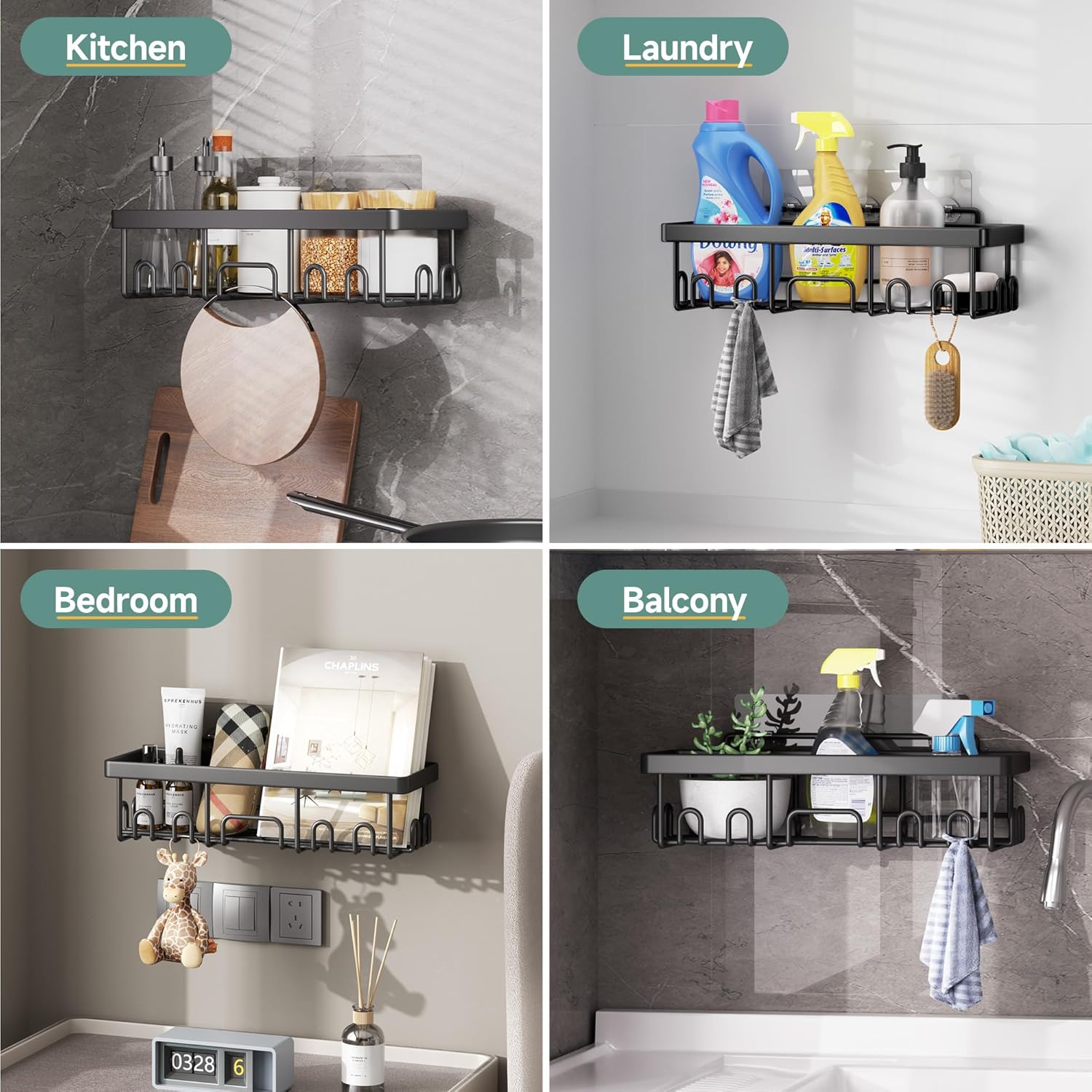 Rustproof Shower Caddy 6-Pack with Soap Holder & Toothbrush Rack | Adhesive Bathroom Wall Organizer