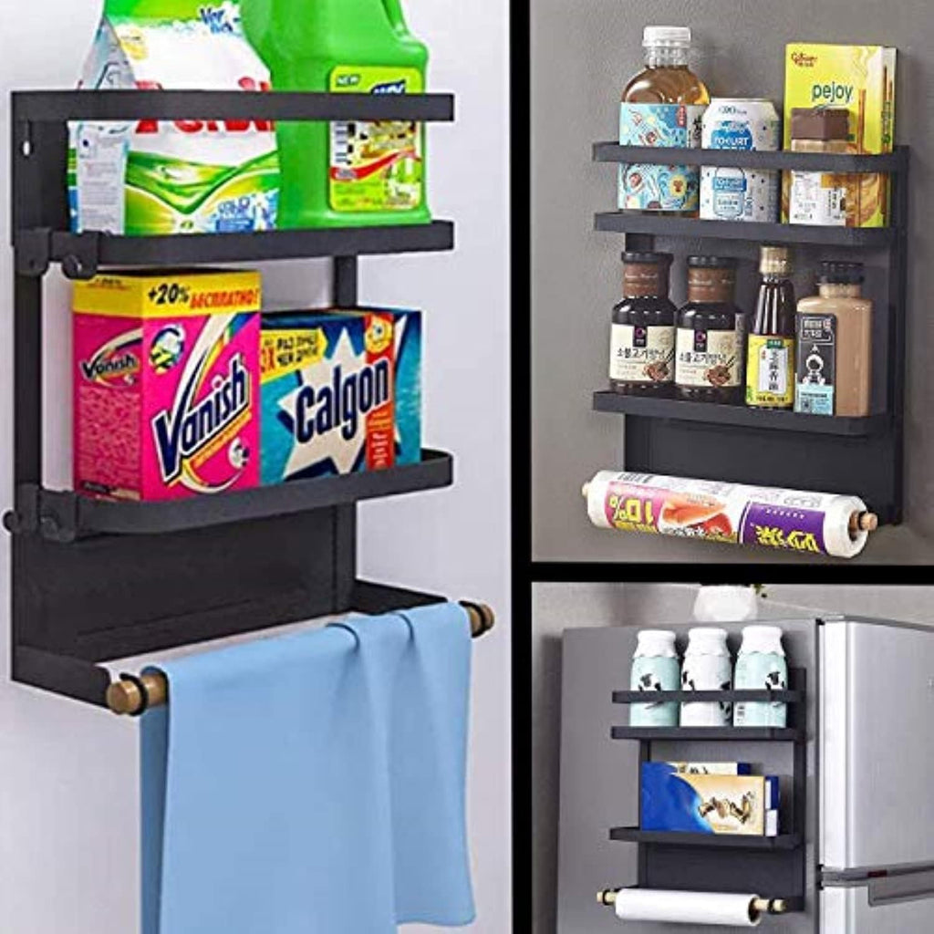 Magnetic Spice Rack for Fridge with Paper Towel Holder, Kitchen Organizer Shelf, Black Magnetic Storage Rack