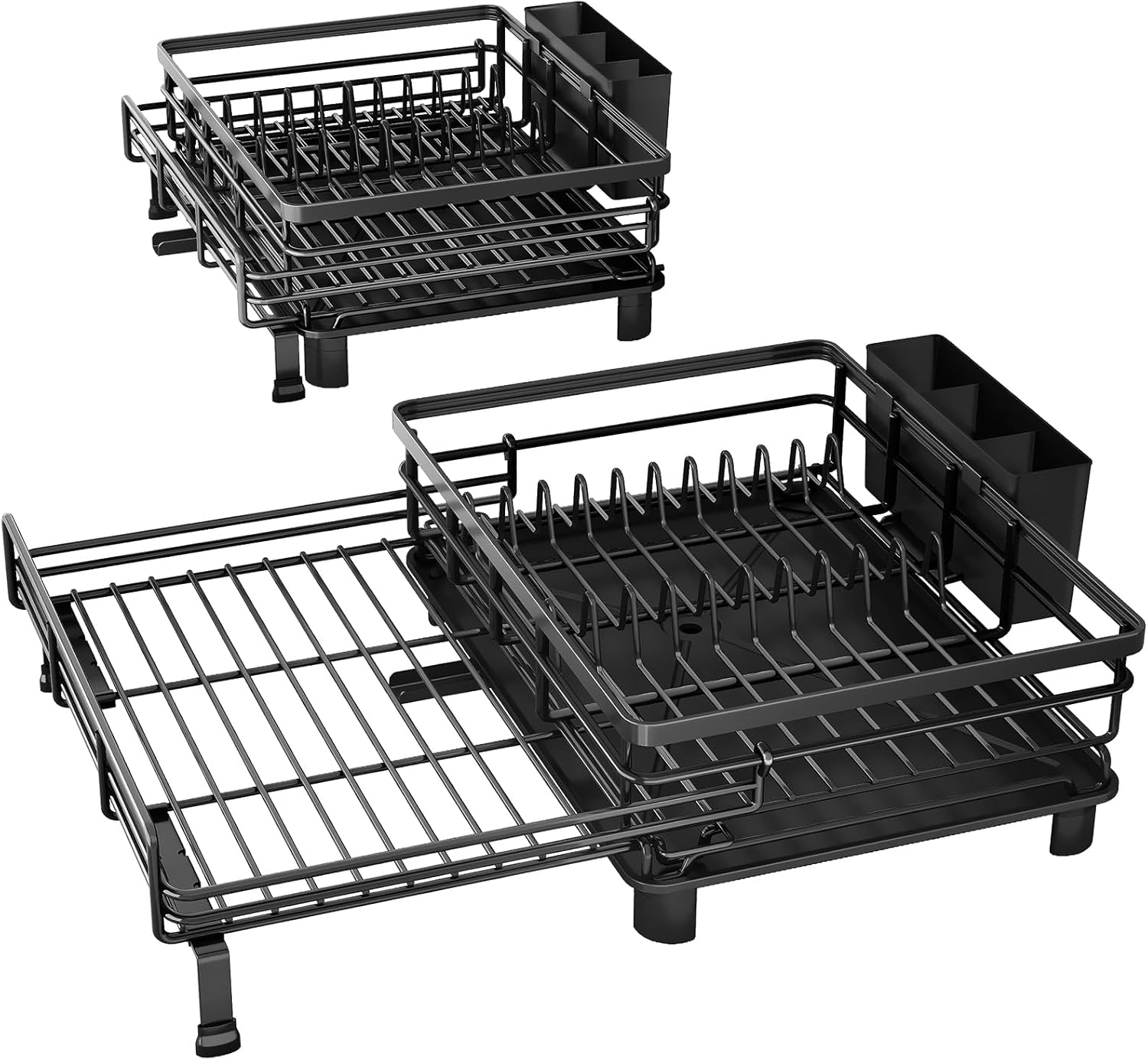Extendable Dish Drying Rack Over Sink, Stainless Steel Dish Drainer with Utensil Holder for Kitchen Counter